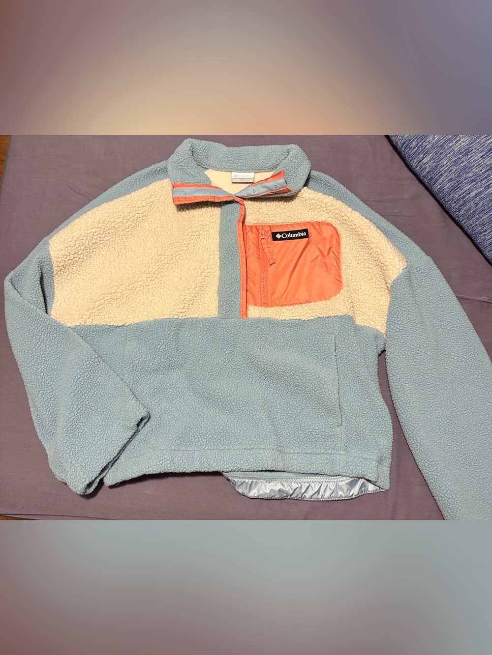 Columbia Women's Cropped Sherpa Pullover - Light Blue, Cream & Coral Pocket